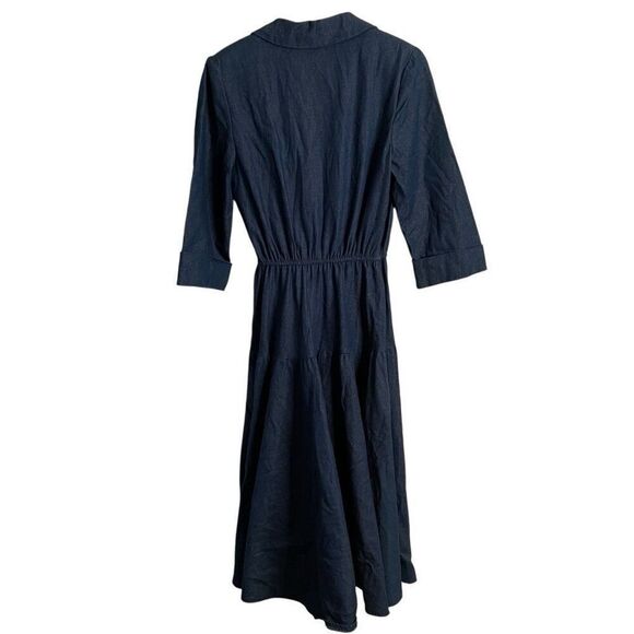 Vtg Womens Denim Double Breasted Dress 6 3/4 Sleeve Tea Length Modest Nautical - Picture 2 of 8